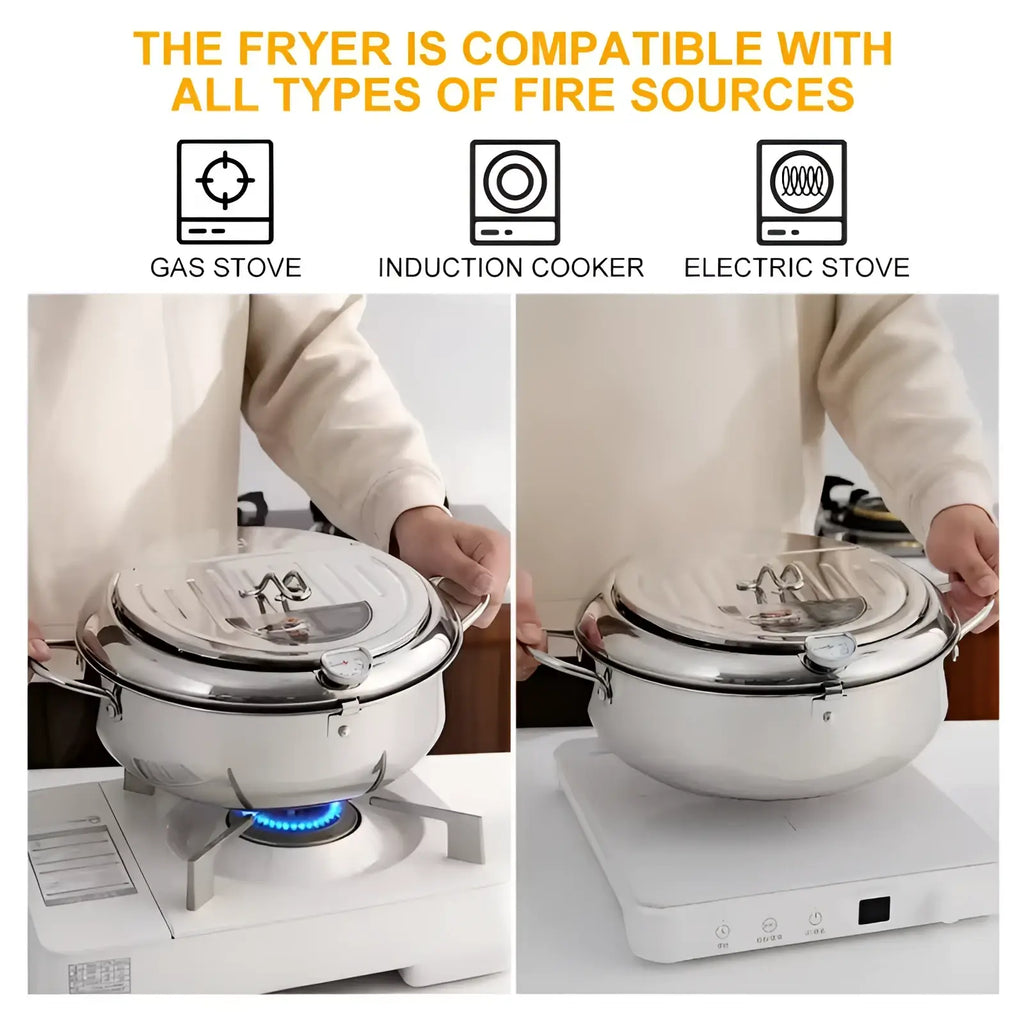 Shiny stainless steel tempura deep fryer pot with lid and handles on gas and induction cookers 4.2l capacity
