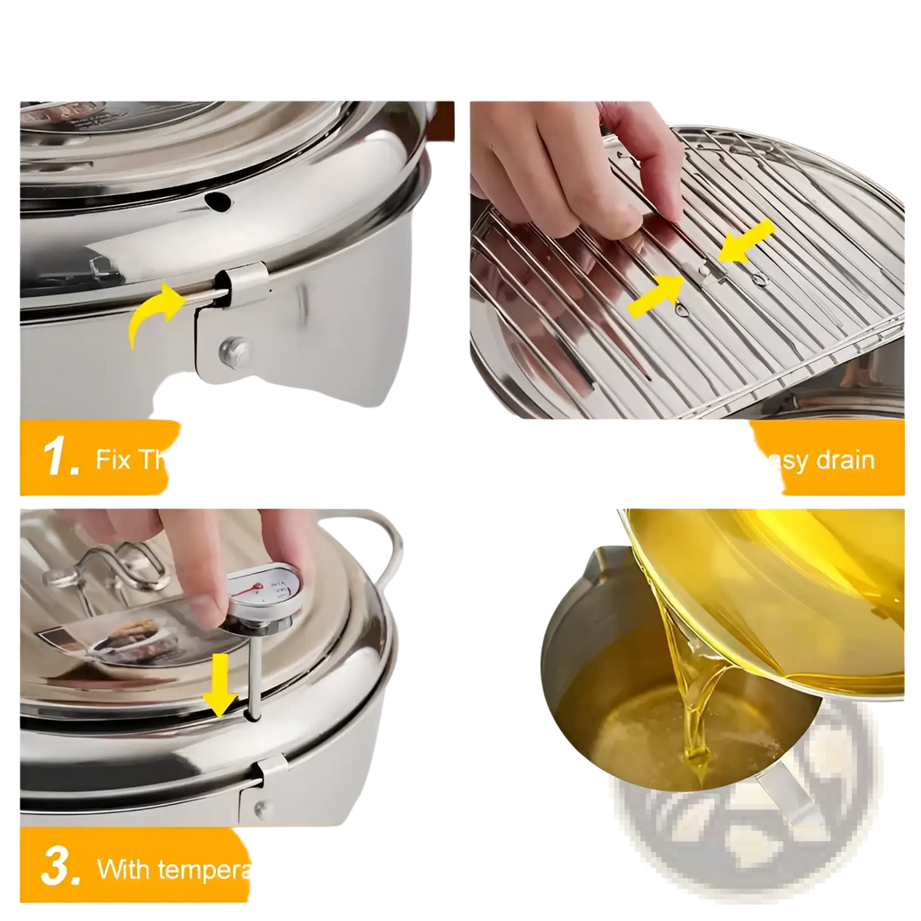 Tempura deep fryer 304 stainless steel 4.2l pot with lid drain net temperature control and pour spout for easy oil dispensing