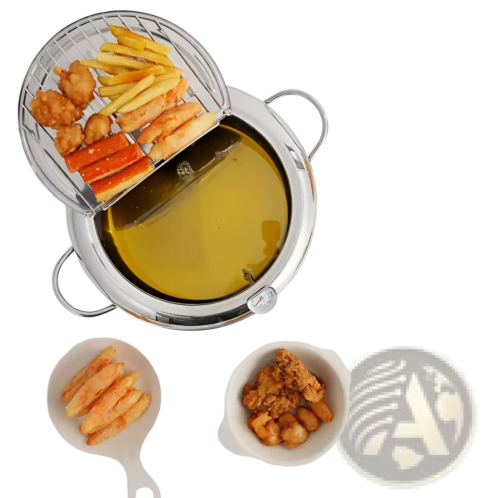 Shiny 304 stainless steel tempura deep fryer pot with 4.2l capacity wire rack and temperature control gauge