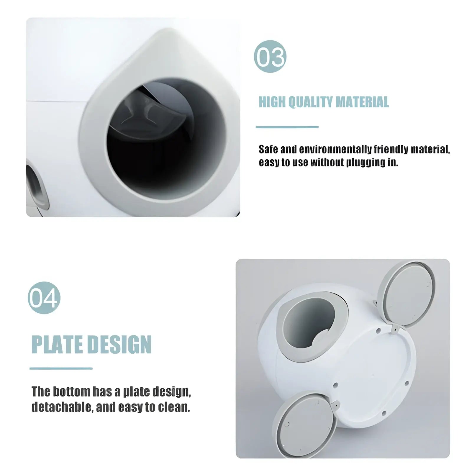 White plastic tennis ball food launcher and smart pet feeder with detachable plate base and circular access ports