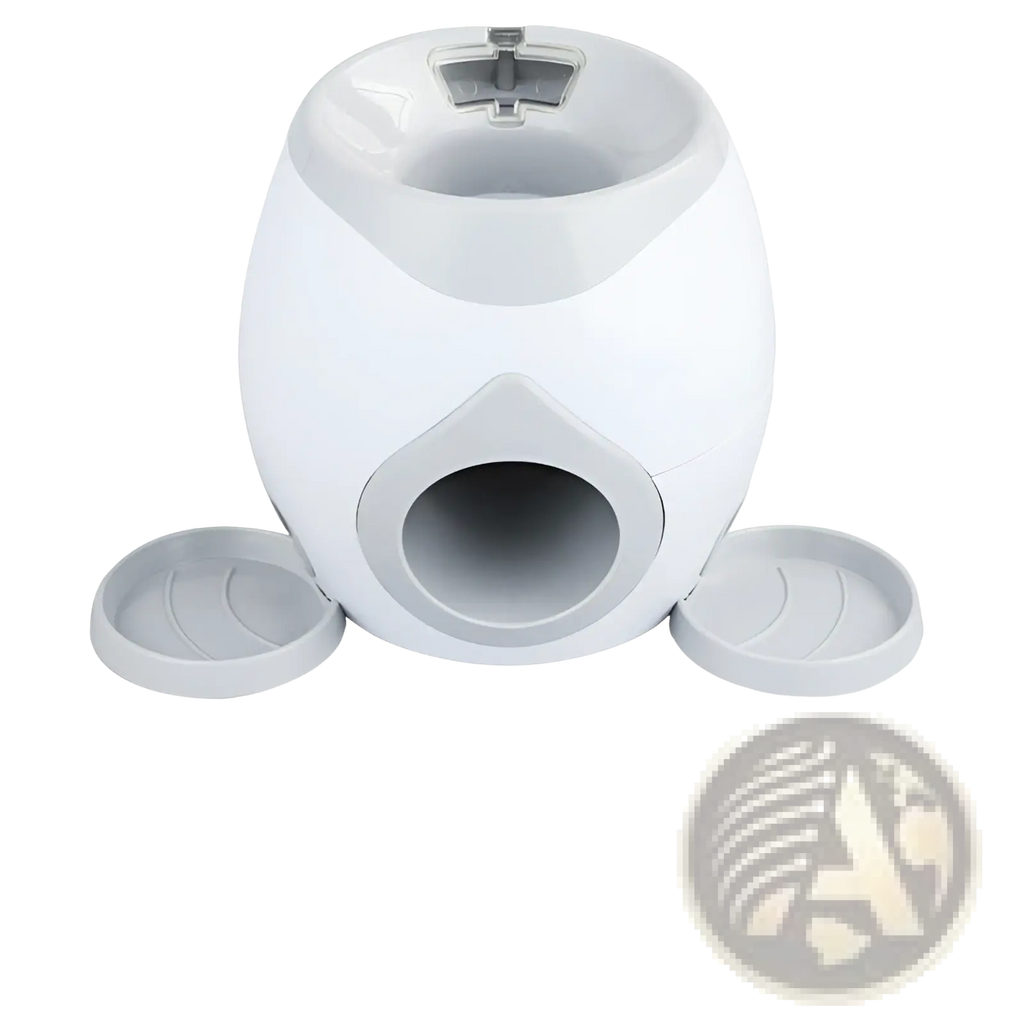 White plastic tennis ball food launcher with gray accents and circular front opening for smart pet feeding