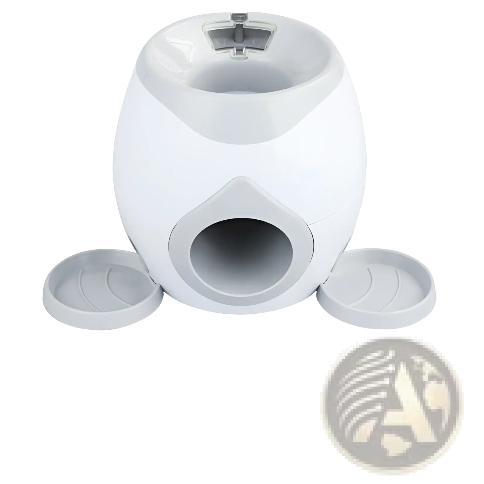 White plastic tennis ball food launcher with gray accents and circular front opening for smart pet feeding
