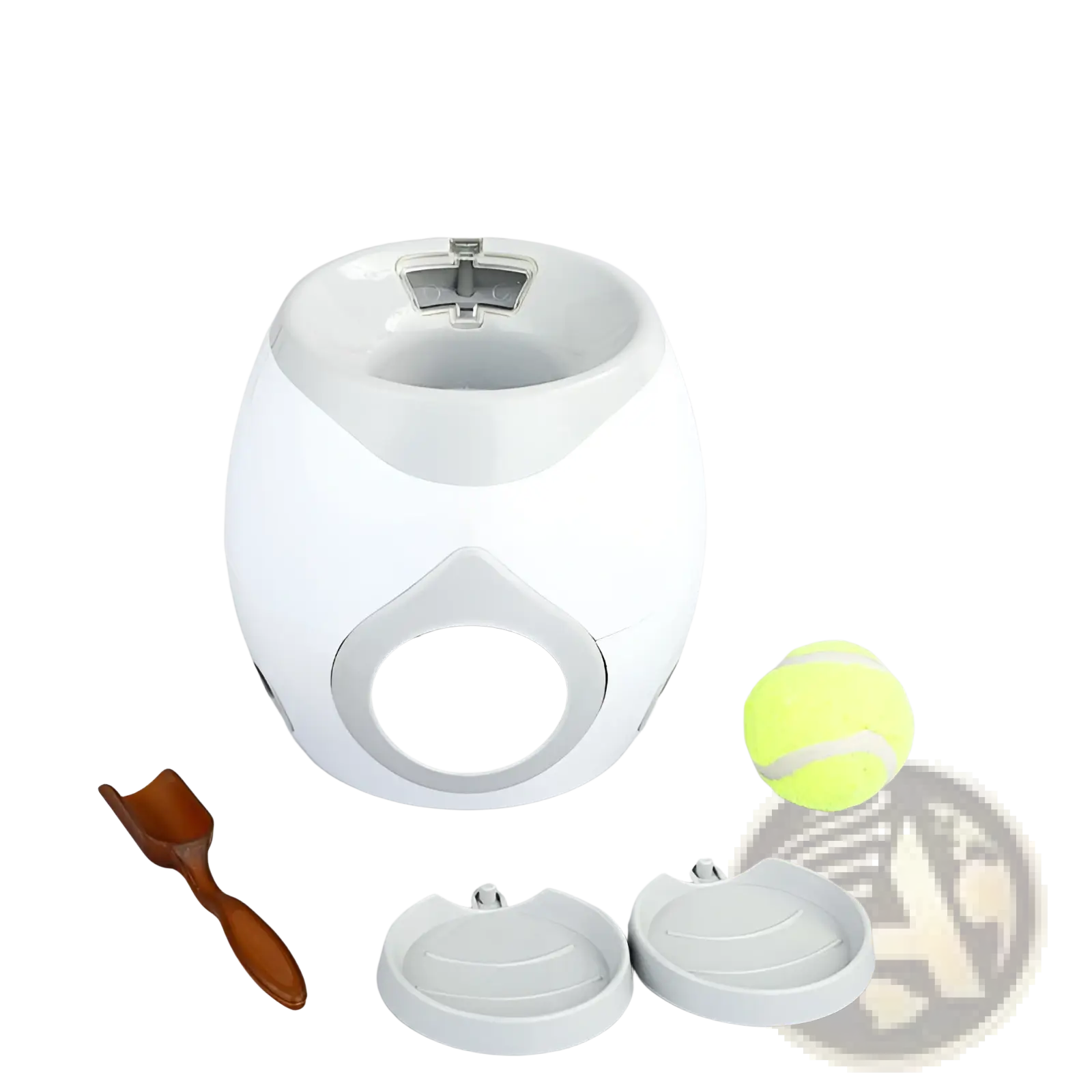 White and gray smart pet toy launcher with sleek rounded design for tennis ball food launching and feeding