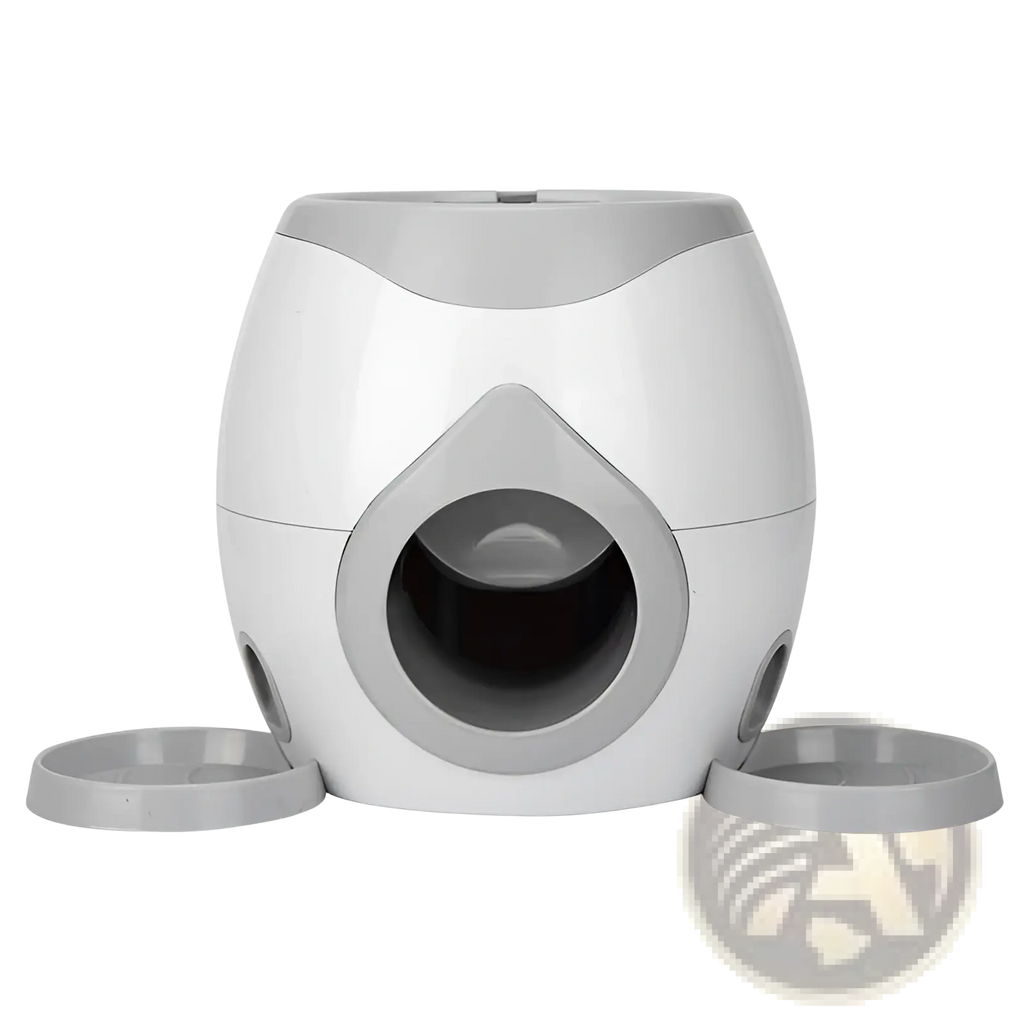 White and gray plastic tennis ball food launcher and smart pet feeder with rounded egg-like body and central circular opening