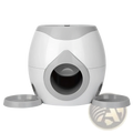 White and gray plastic tennis ball food launcher and smart pet feeder with rounded egg-like body and central circular opening