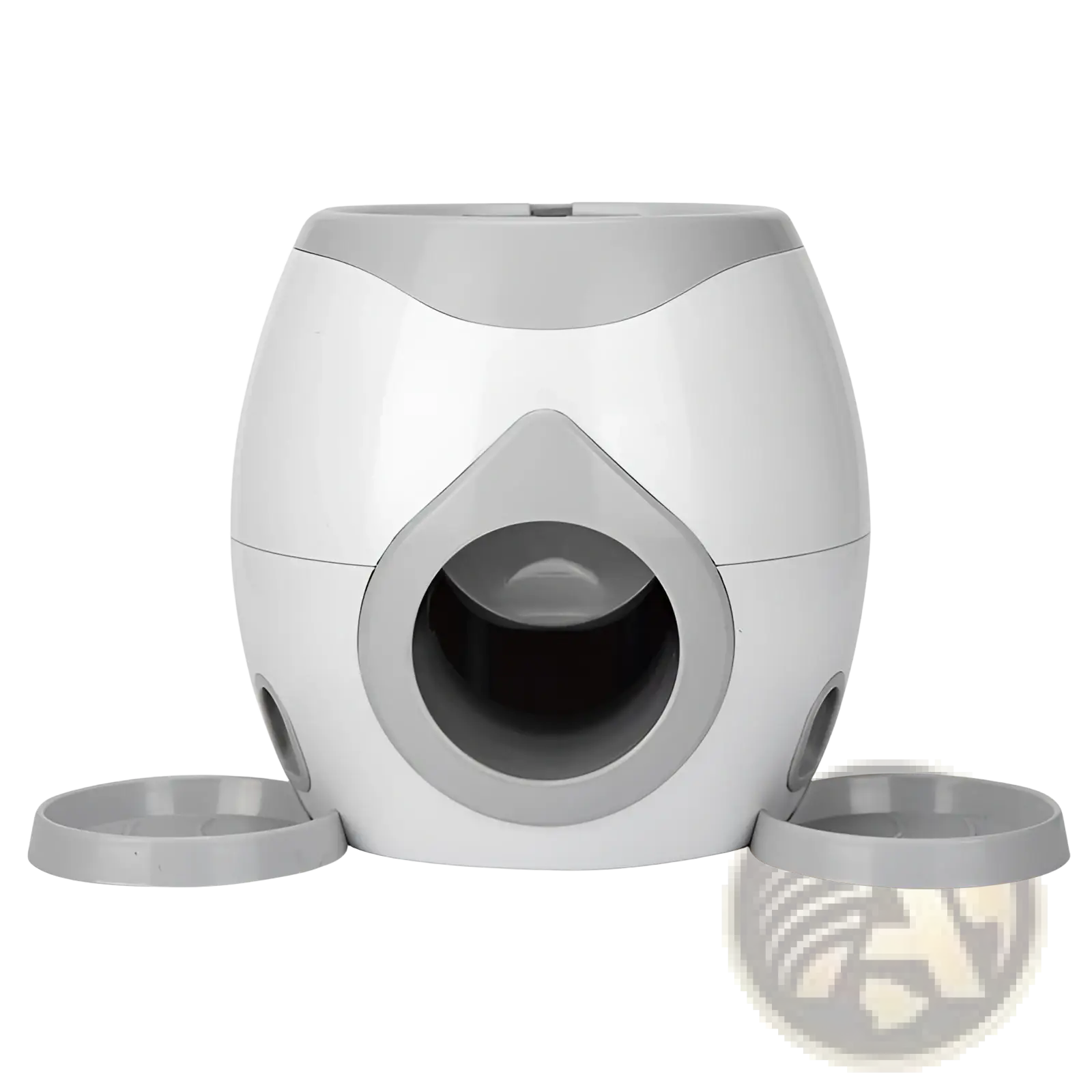 White and gray plastic tennis ball food launcher and smart pet feeder with rounded egg-like body and central circular opening