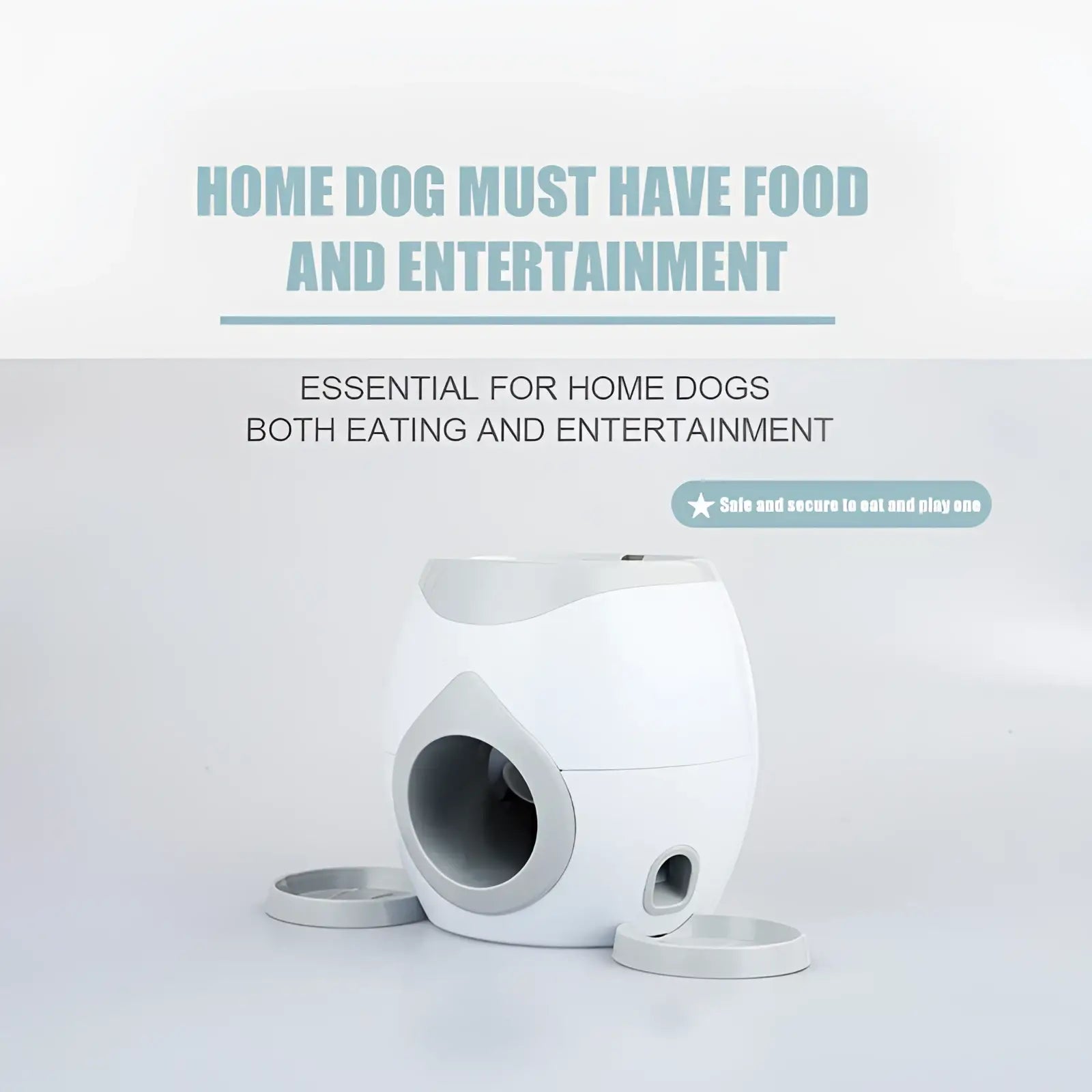 White and gray plastic smart pet feeder with rounded egg-like design and two circular food dispensing openings