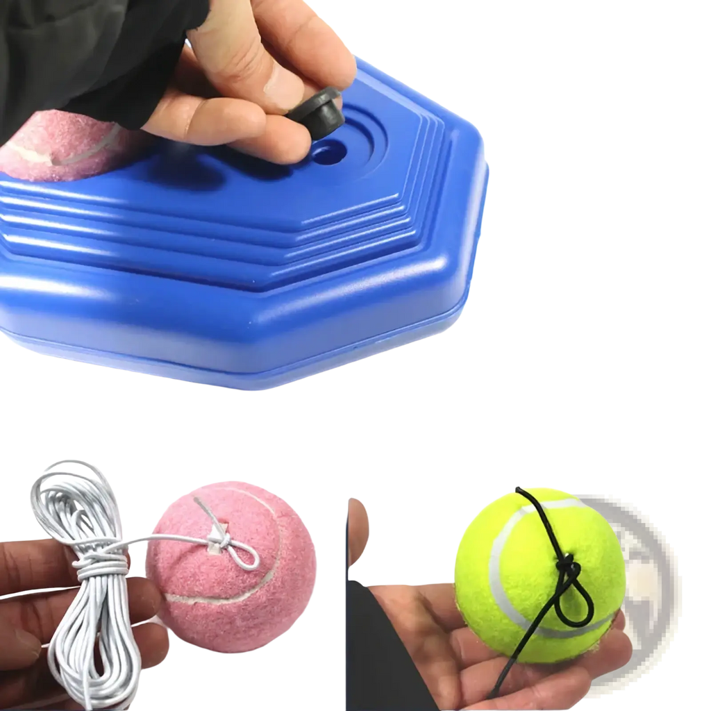 Blue hexagonal water inlet base of tennis rebounder solo training device with pink and yellow tennis balls attached by strings