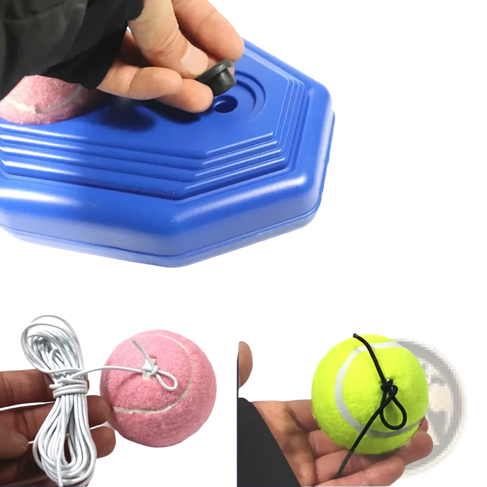 Blue hexagonal water inlet base of tennis rebounder solo training device with pink and yellow tennis balls attached by strings