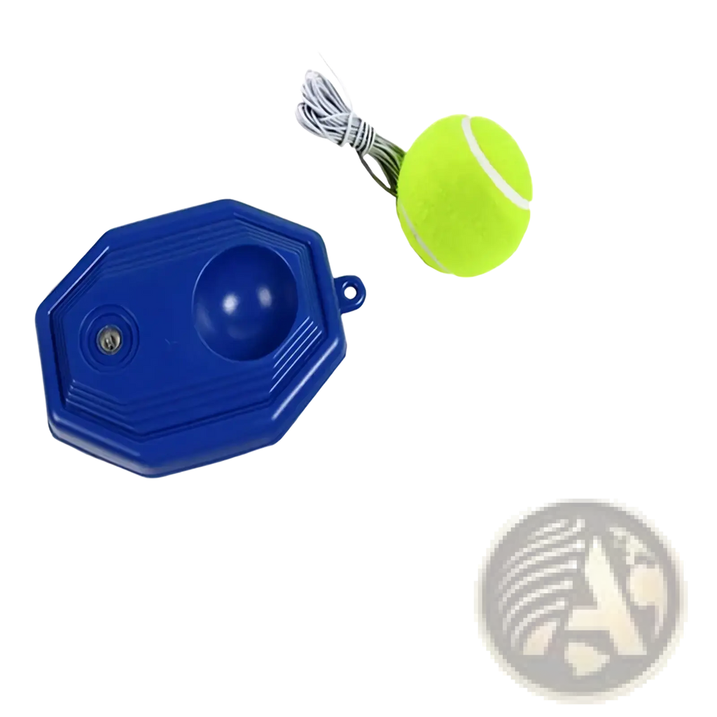 Blue octagonal tennis ball launcher with bright green ball attached by coiled wire for solo rebounder training device