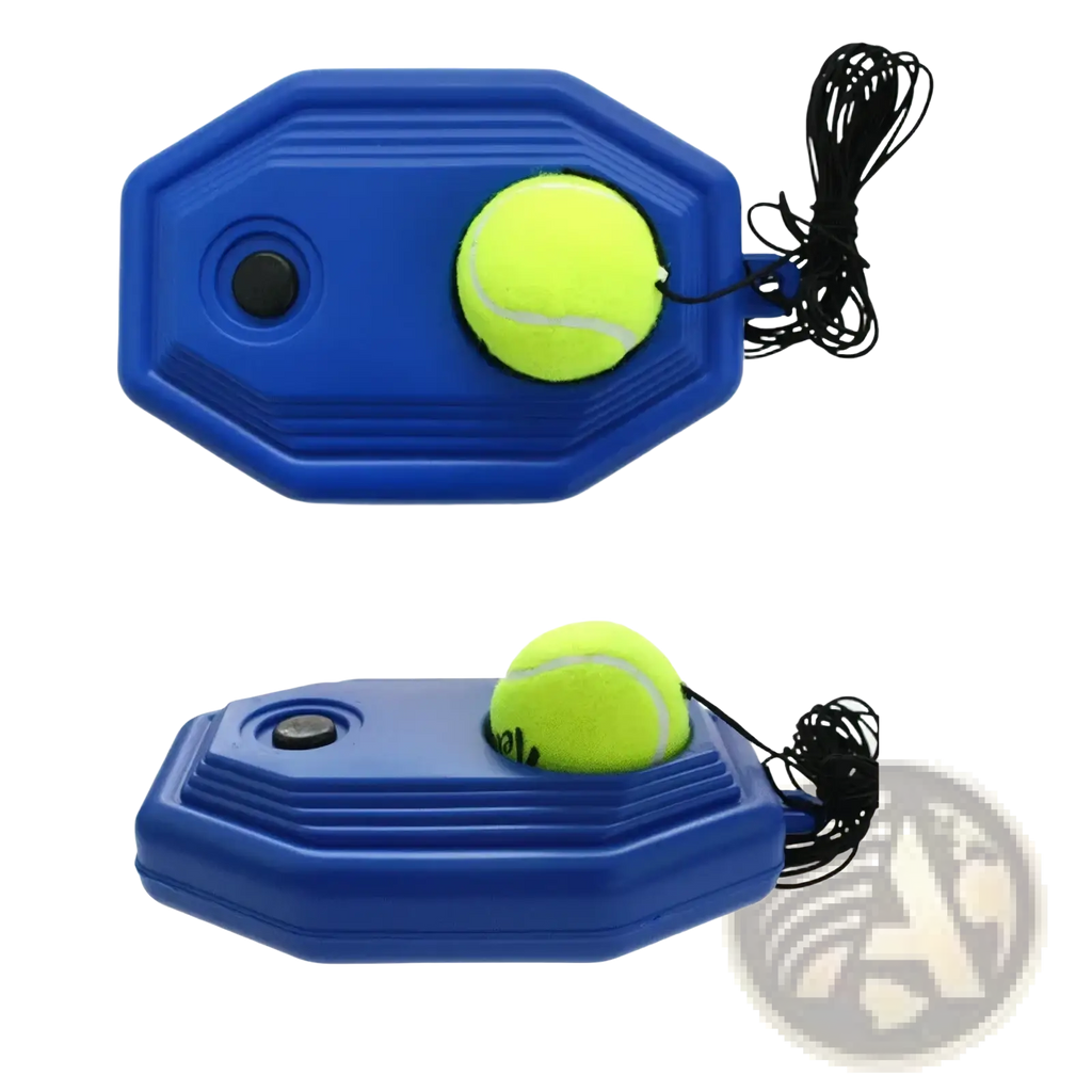 Blue plastic tennis ball launcher with yellow ball and black cord for Tennis Rebounder solo training device