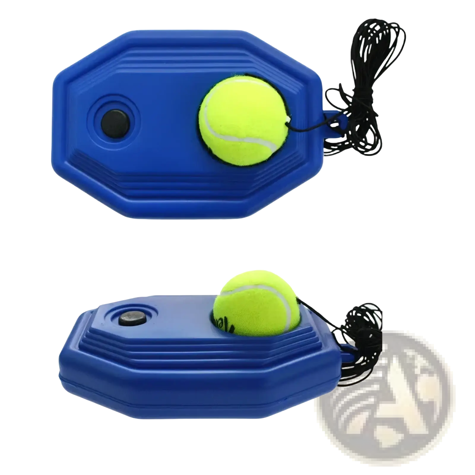 Blue plastic tennis ball launcher with yellow ball and black cord for Tennis Rebounder solo training device