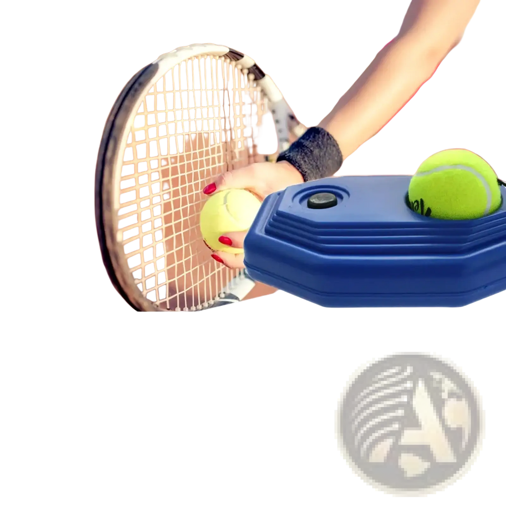 Blue plastic tennis rebounder solo training device with two green tennis balls in grooved compartments