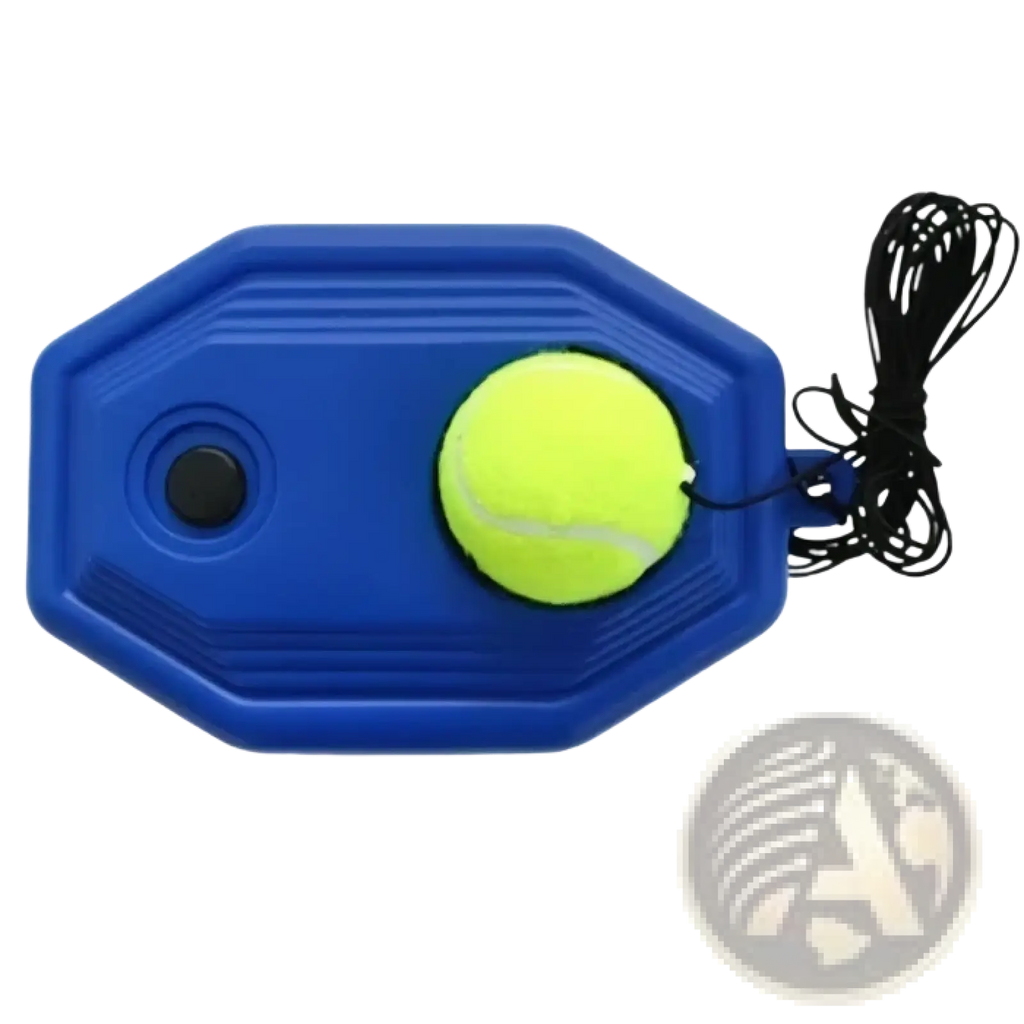 Blue plastic tennis rebounder solo training device with yellow ball and black cord for solo practice