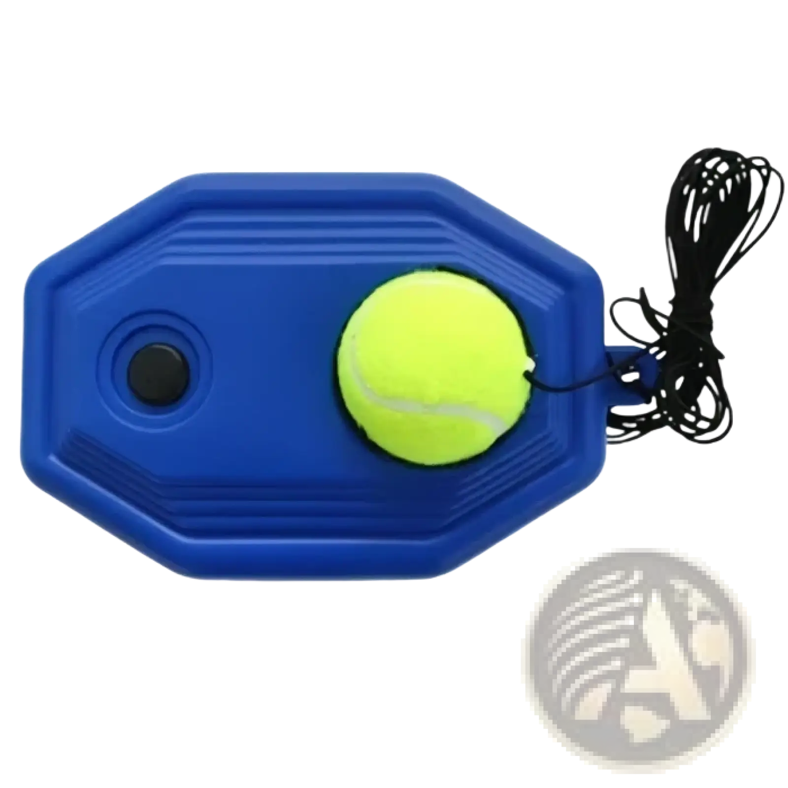 Blue plastic tennis rebounder solo training device with yellow ball and black cord for solo practice
