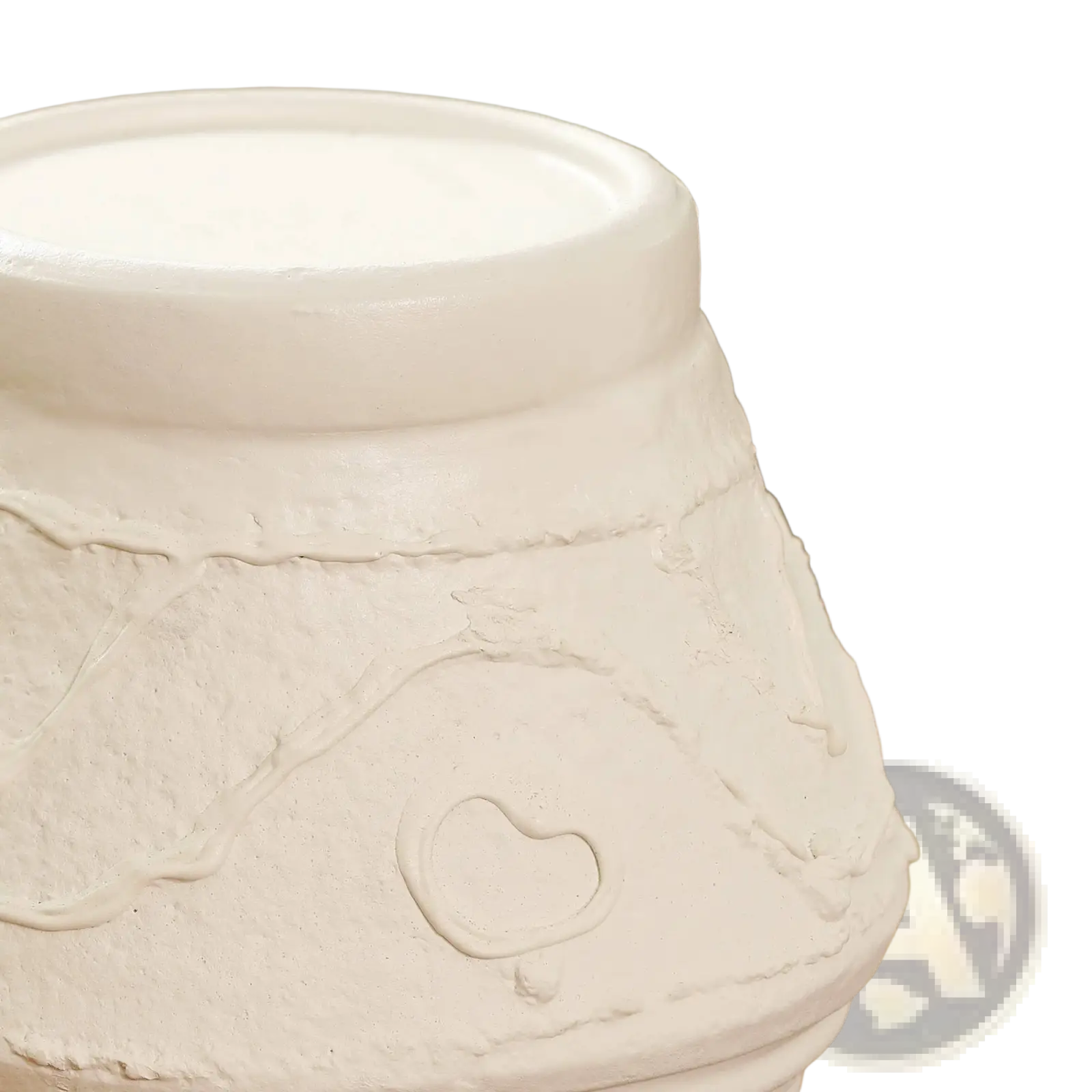 White ceramic terracotta candle holder with textured handcrafted surface and subtle heart-shaped indentation organic pattern