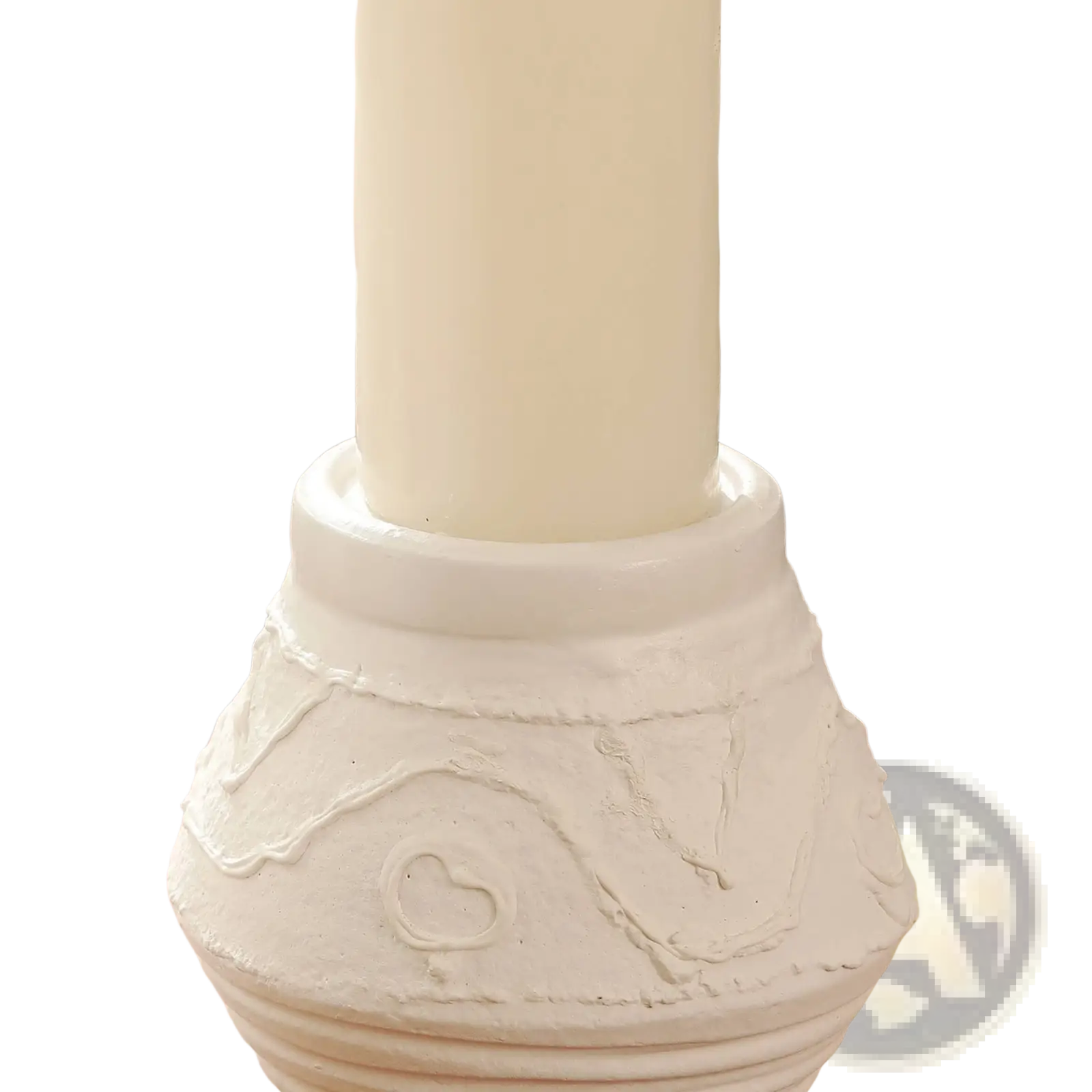 White ceramic terracotta candle holder with textured handcrafted heart motif and subtle ridges organic pattern 5.5