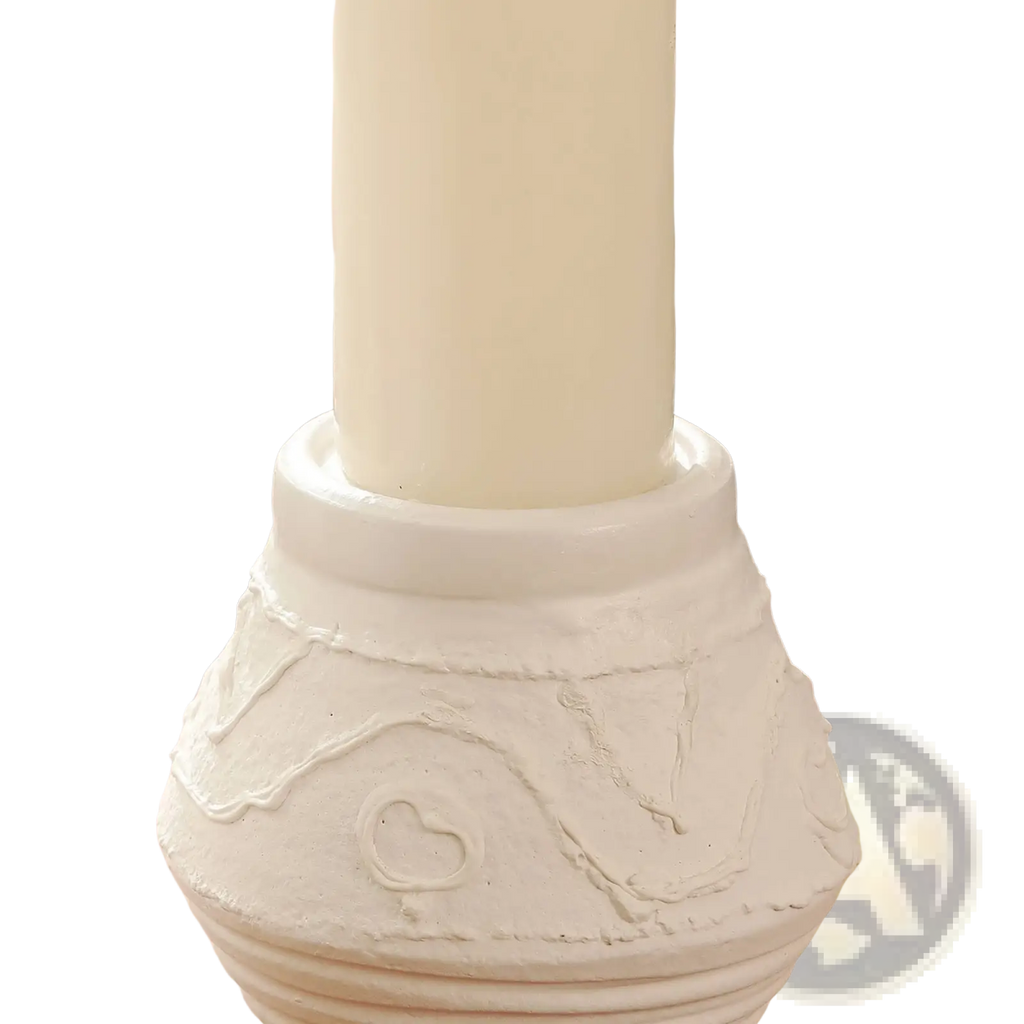 White ceramic terracotta candle holder with textured handcrafted heart motif and subtle ridges organic pattern 5.5