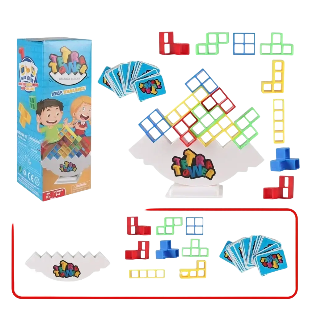 Colorful plastic building blocks in red blue green and yellow form a precarious tetra tower game balance stacking tower