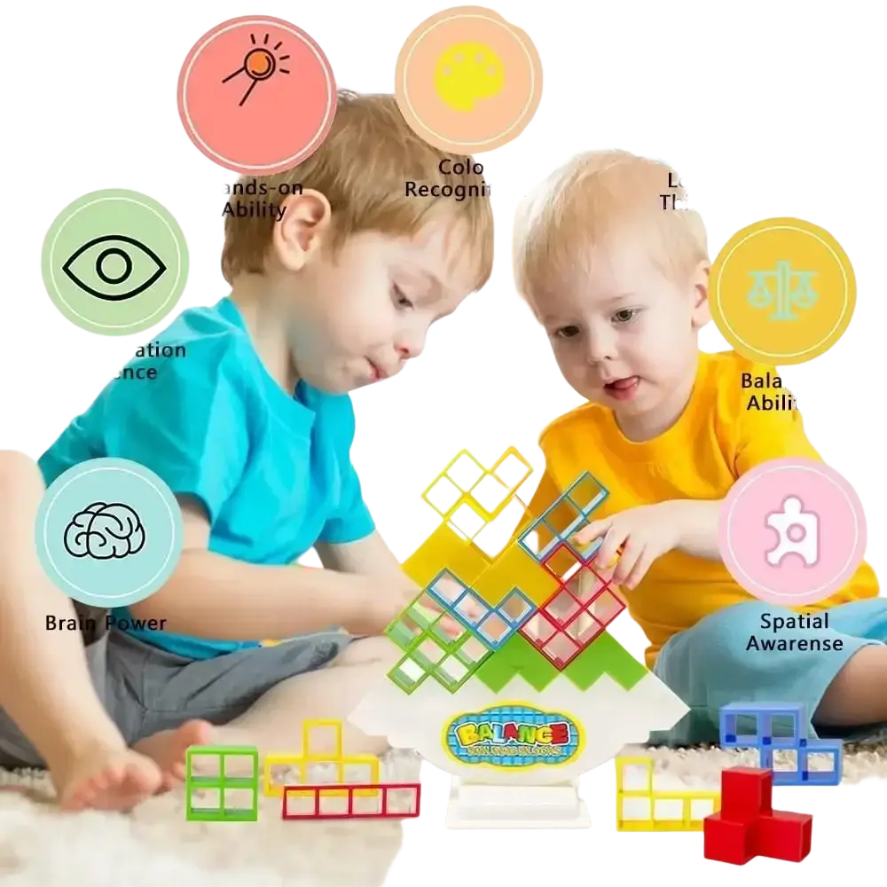 Colorful interlocking plastic building blocks arranged in a tetra tower on a white base with the balance logo