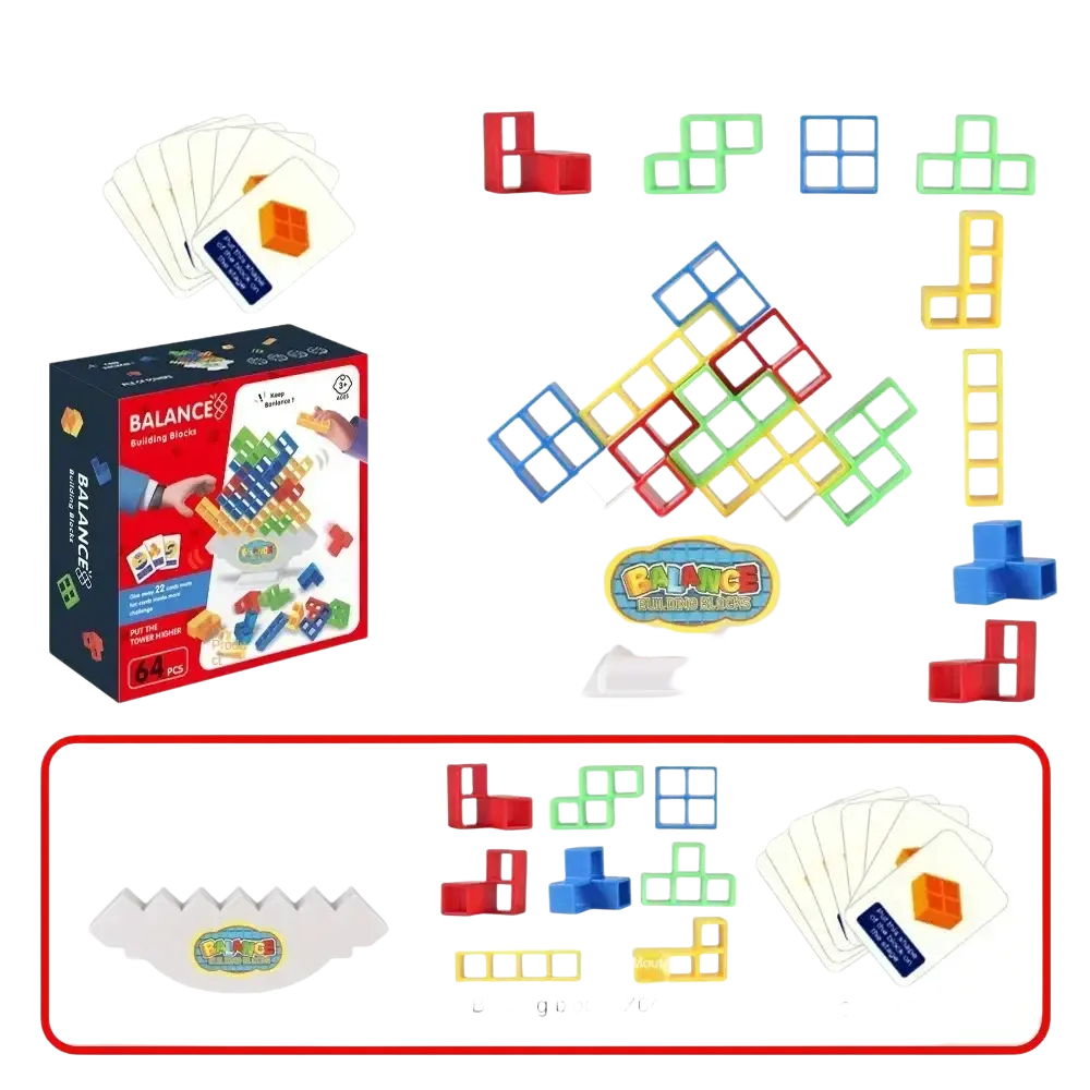 Colorful plastic building blocks in red blue green and yellow arranged on a white base for tetra tower game balance stacking blocks