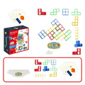 Colorful plastic building blocks in red blue green and yellow arranged on a white base for tetra tower game balance stacking blocks