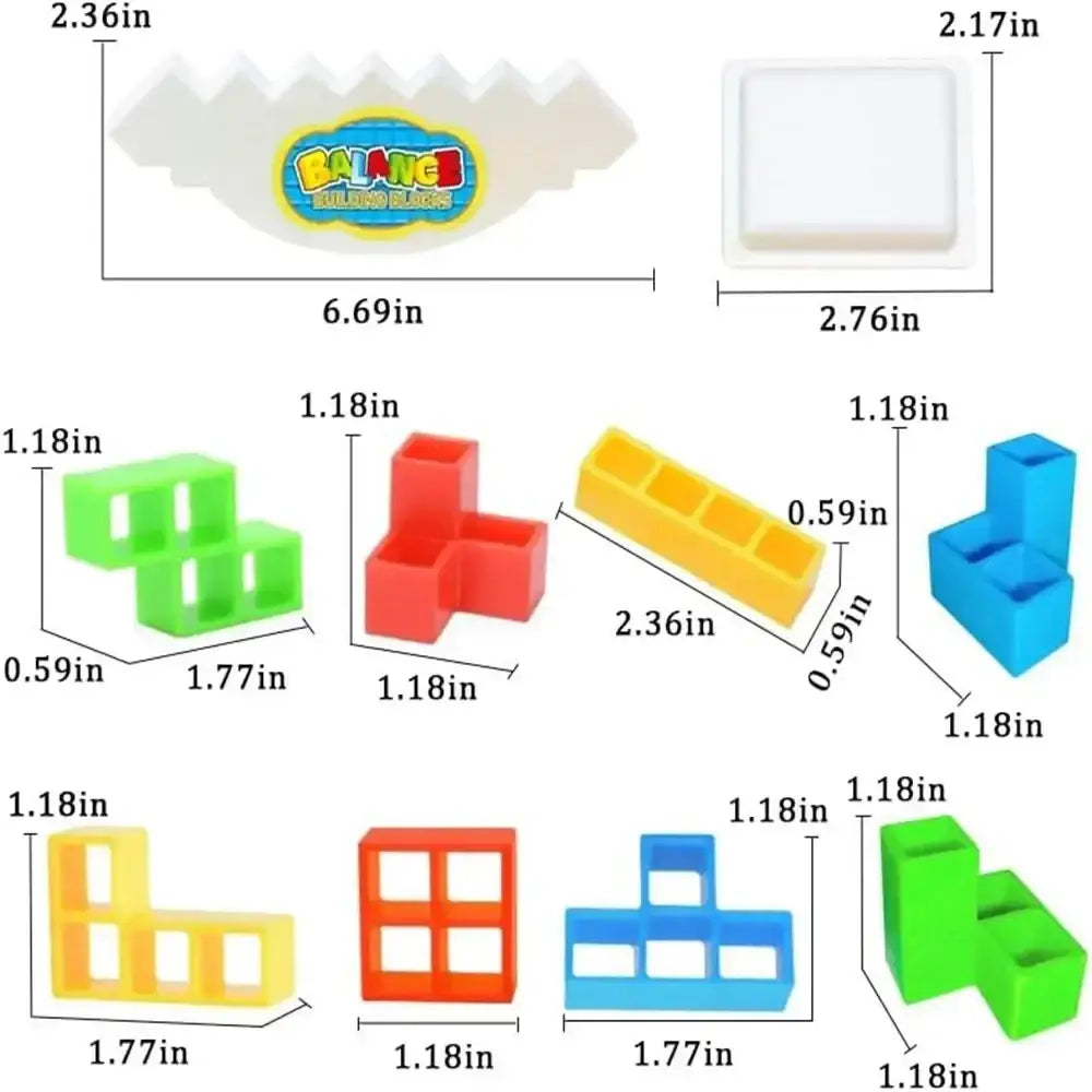 Colorful plastic building blocks on white baseplate with balance building blocks logo for tetra tower game balance stacking blocks