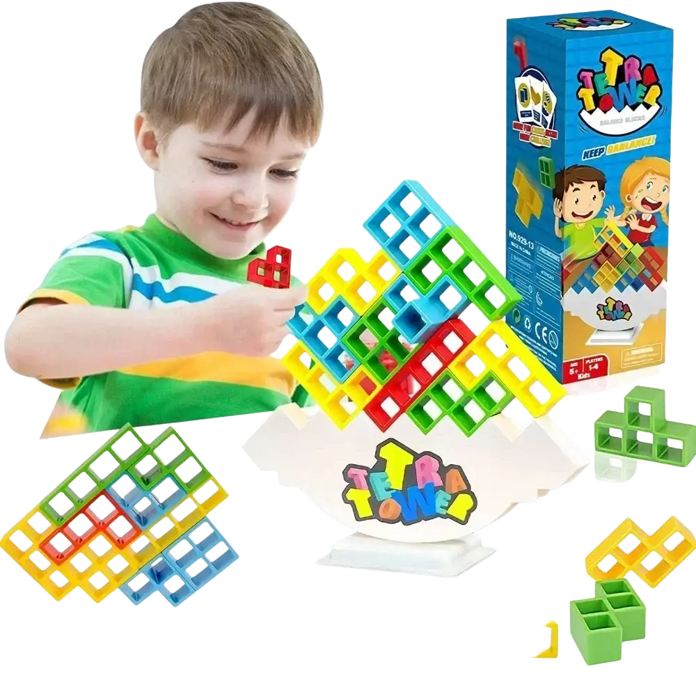 Colorful plastic building blocks in red yellow green and blue for tetra tower game balance stacking blocks