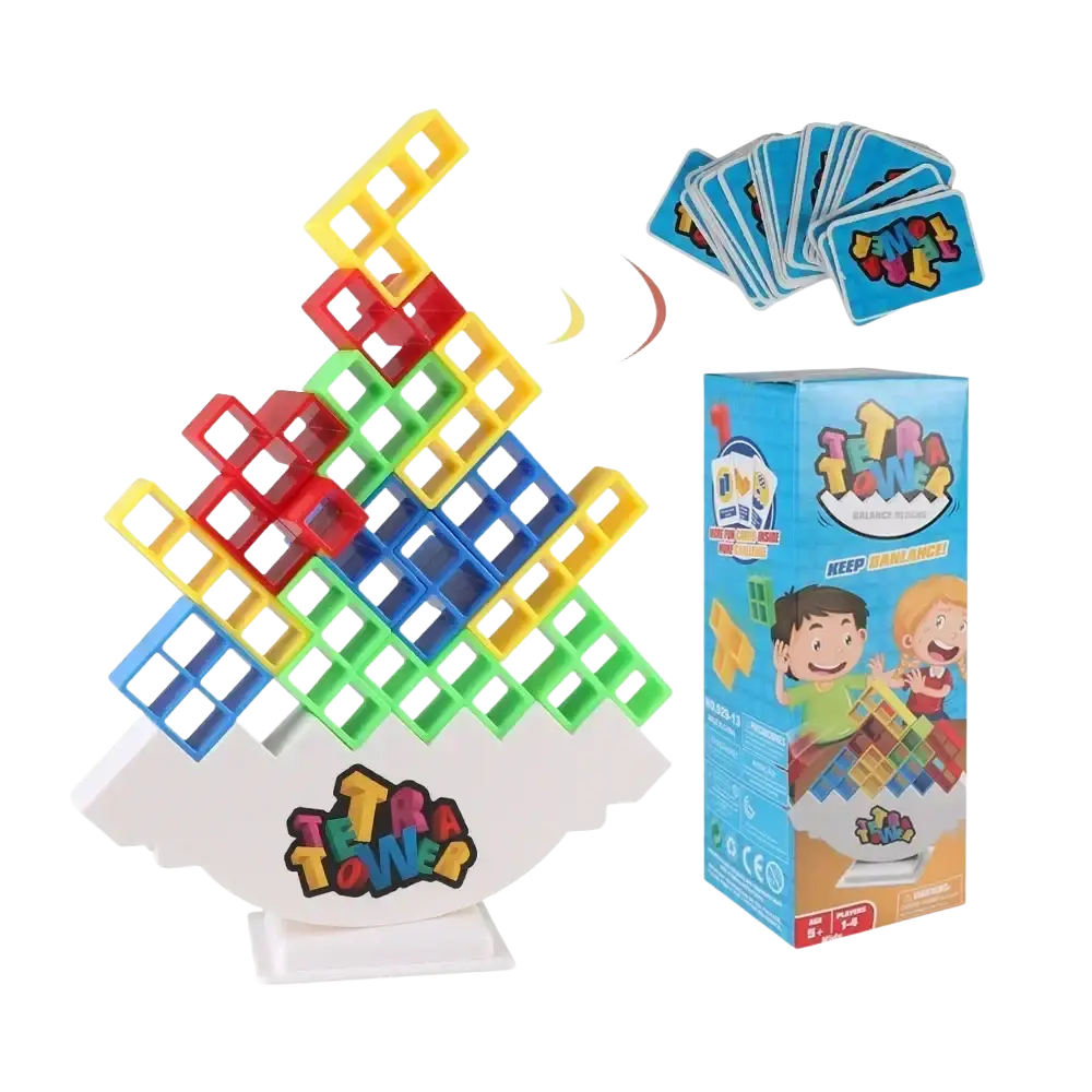 Colorful plastic tetra tower game with red yellow green and blue building blocks stacked in a pyramid shape