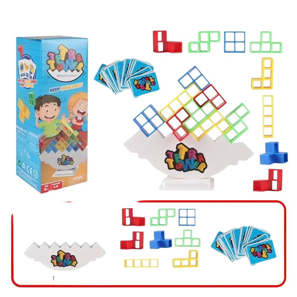 Colorful plastic building blocks in red green blue and yellow form a precarious tetra tower game balance stacking blocks tower