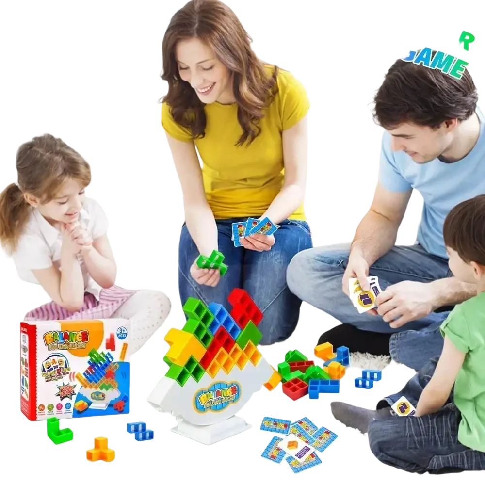 Colorful plastic tetra tower game building blocks arranged in a tower on a white base for balance stacking