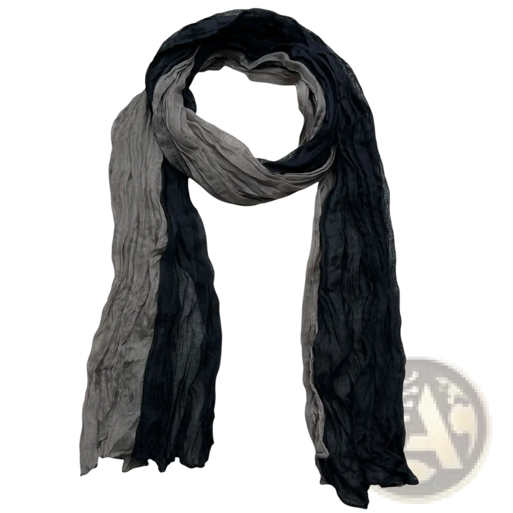 A textured black gray crinkle scarf featuring a soft, crinkled fabric with a gradient from black to gray