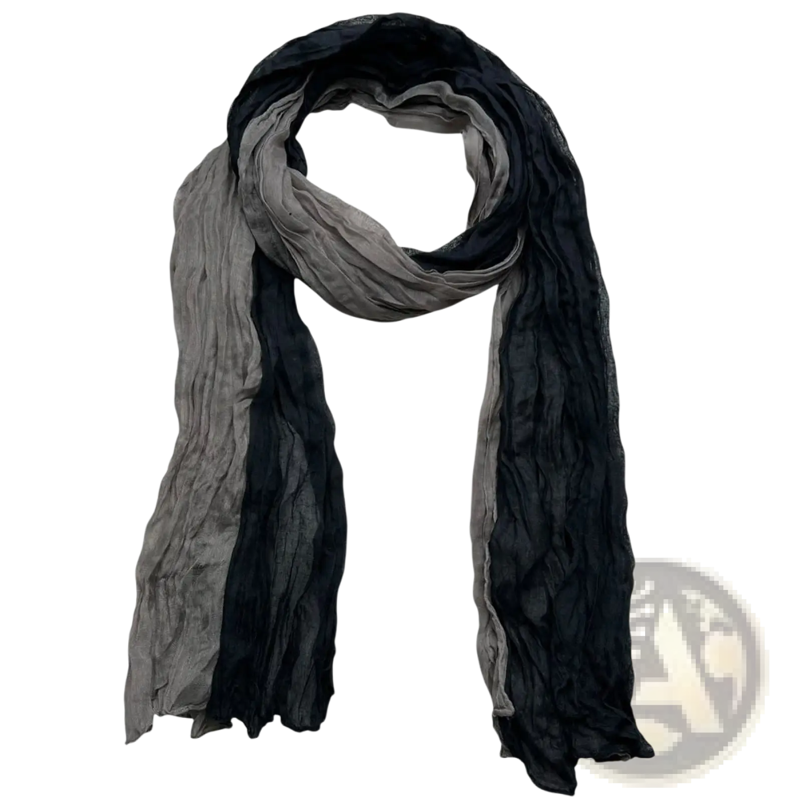 A textured black gray crinkle scarf featuring a soft, crinkled fabric with a gradient from black to gray