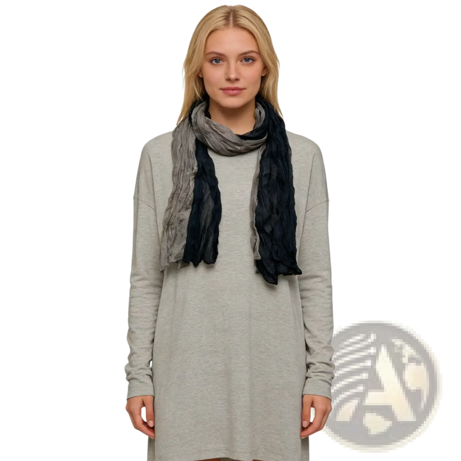 A soft textured black gray crinkle scarf with a gradient draped elegantly around the model’s neck