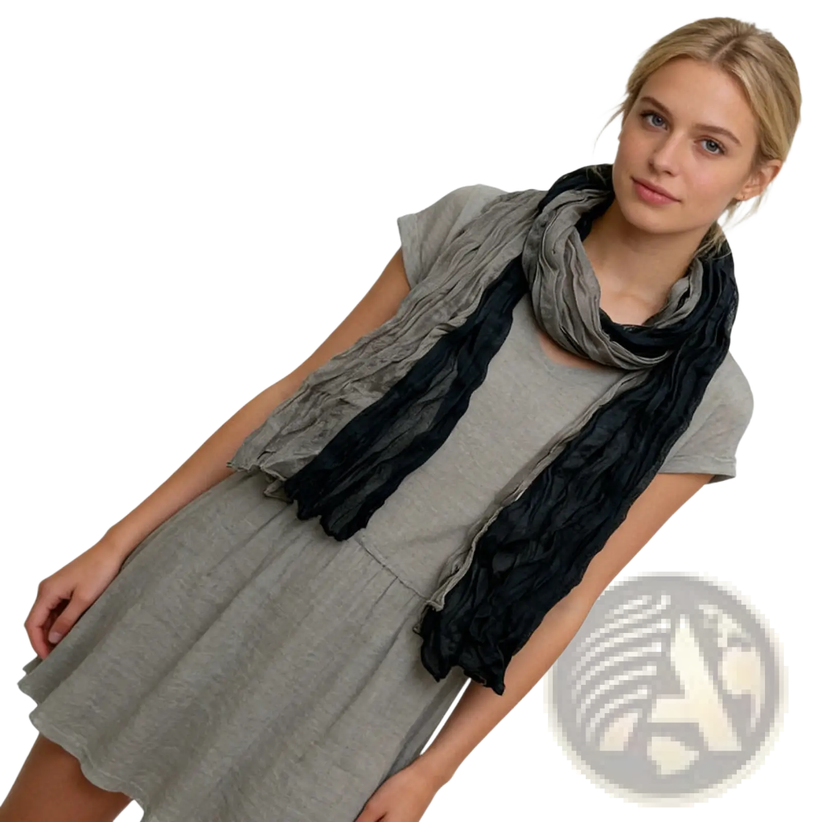 A textured black gray crinkle scarf with a soft gradient drapes elegantly around the model’s neck