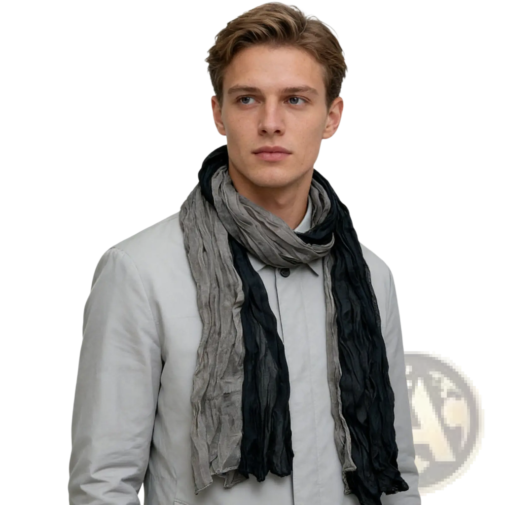 A textured black gray crinkle scarf in soft fabric draped around the neck for stylish warmth and comfort