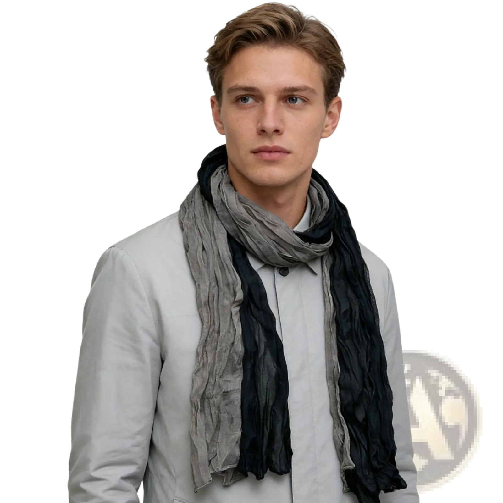 A textured black gray crinkle scarf in soft fabric draped around the neck for stylish warmth and comfort