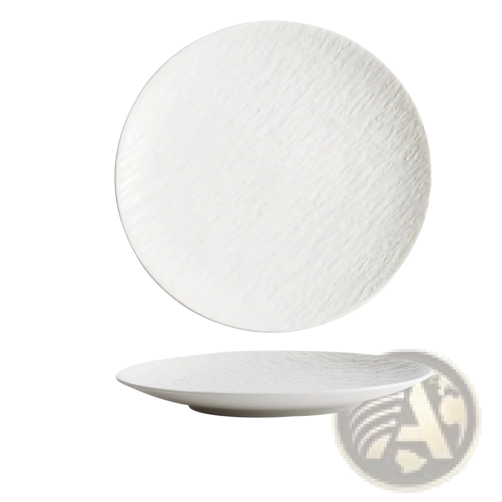 White ceramic round plate with textured surface and nordic rock pattern featuring rounded edges