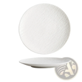 White ceramic round plate with textured surface and nordic rock pattern featuring rounded edges