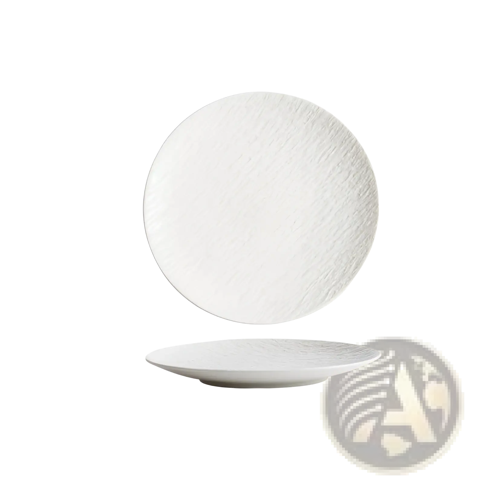 Minimalist white ceramic round plate with subtle textured nordic rock pattern and slightly raised rim