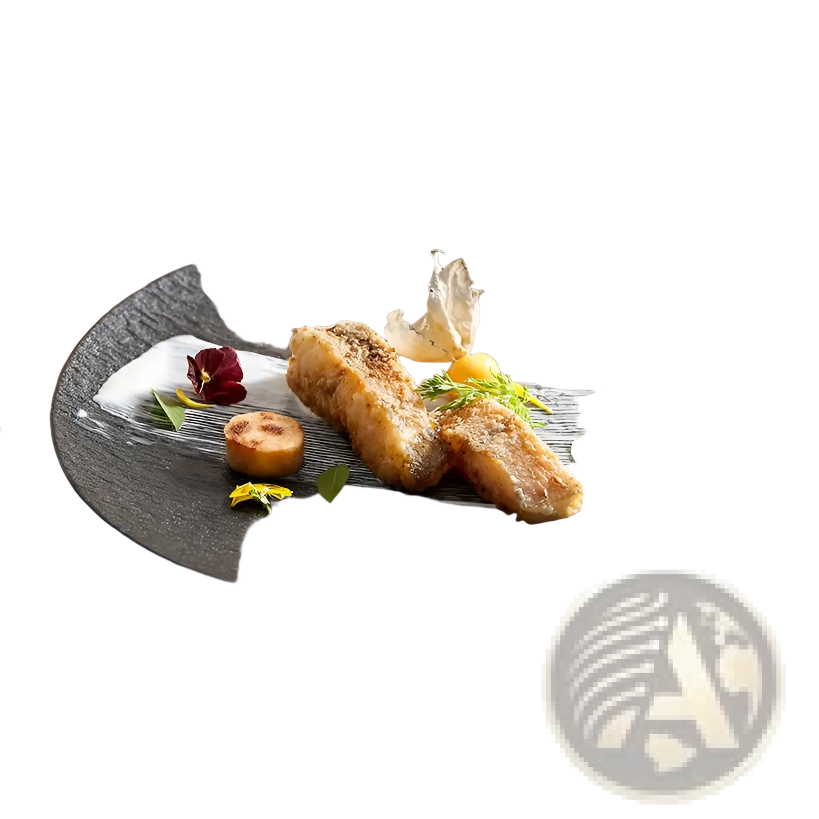 Black textured ceramic round plate with matte finish featuring a Nordic rock pattern serving an elegant dish centerpiece