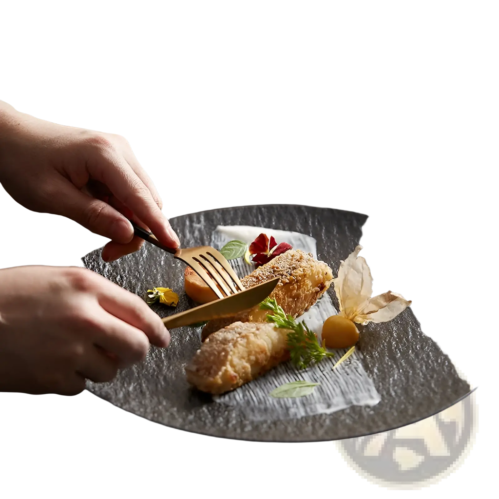 Dark textured ceramic round plate with subtle ribbed nordic rock pattern and matte finish