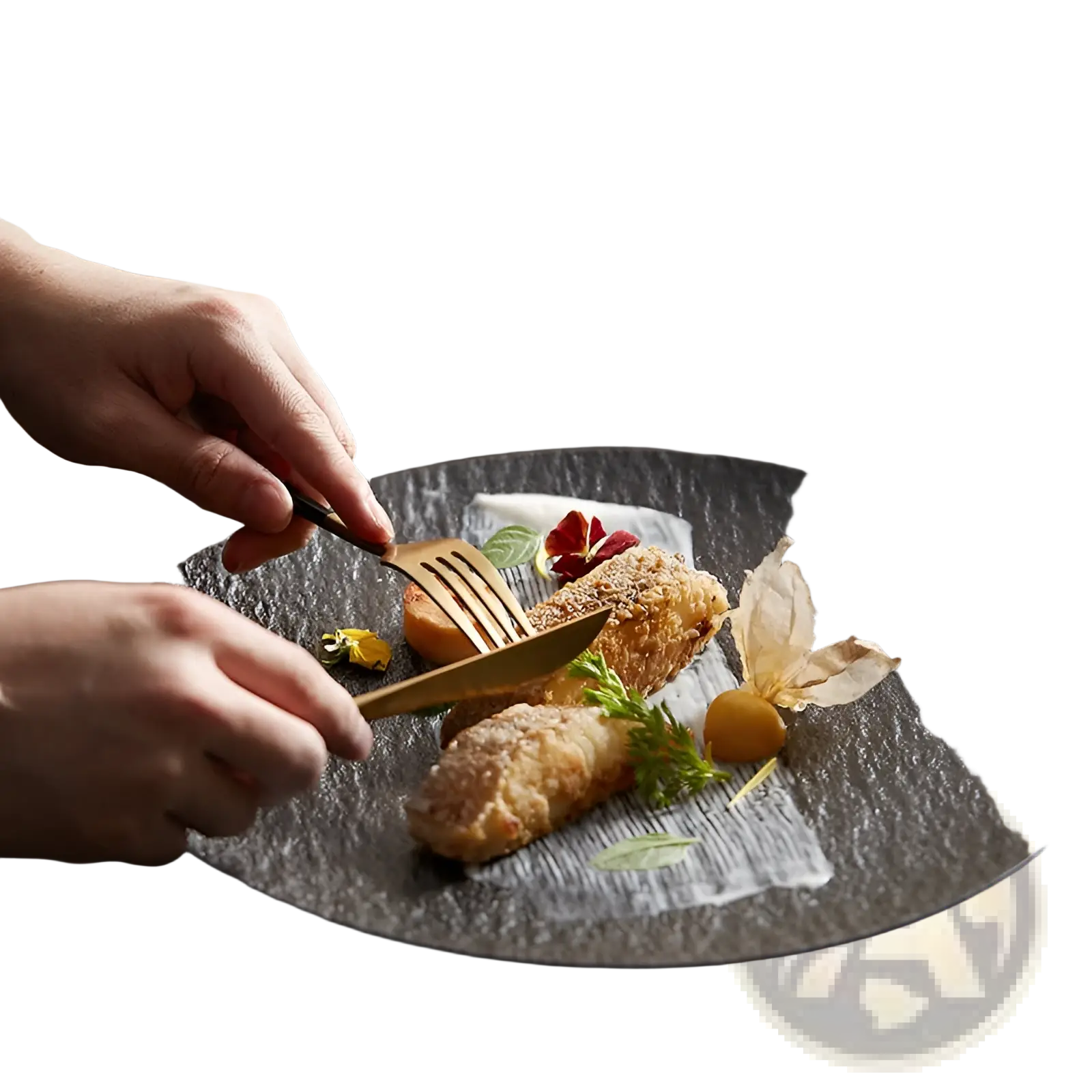 Dark textured ceramic round plate with subtle ribbed nordic rock pattern and matte finish