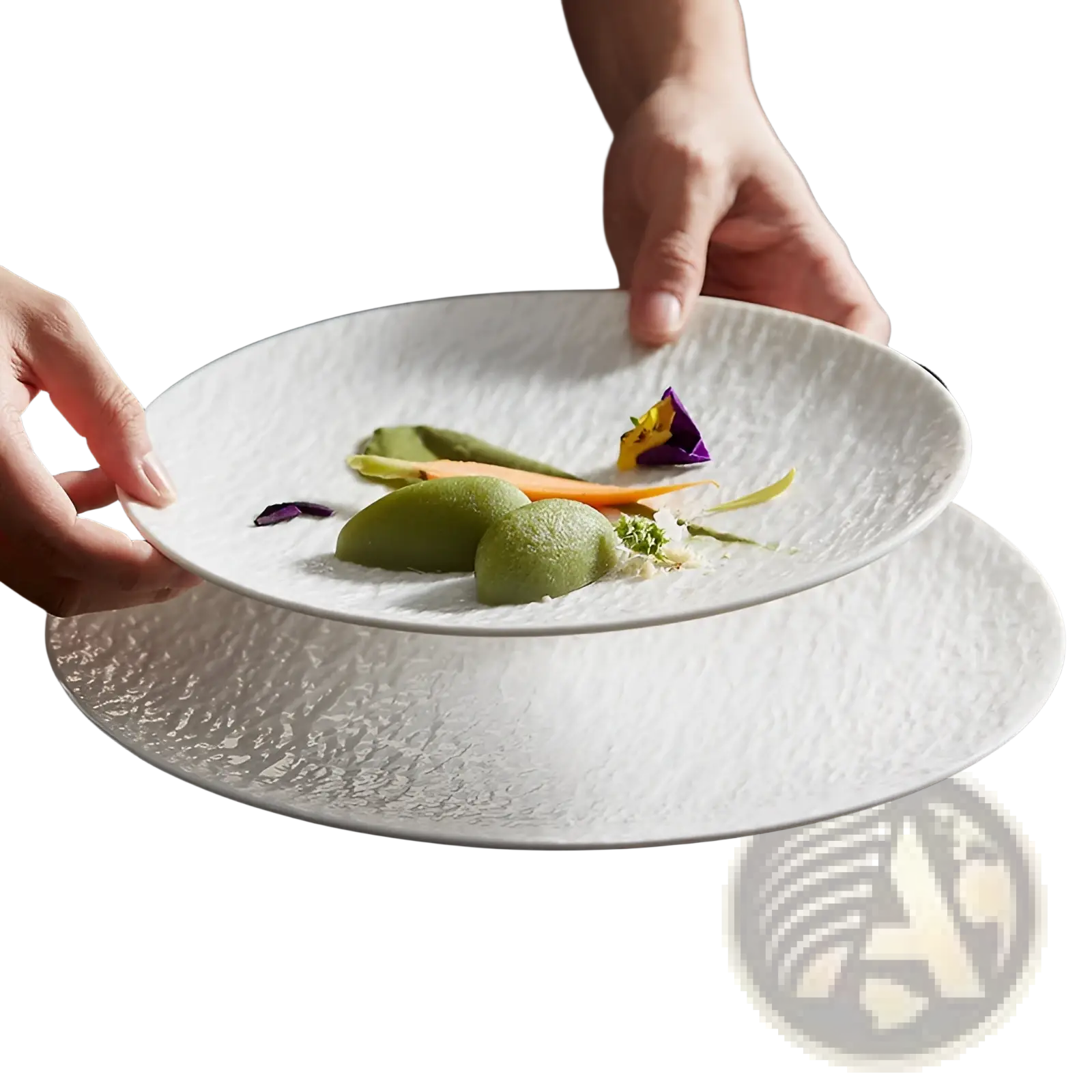 White ceramic round plates with a textured hammered finish featuring a nordic rock pattern design