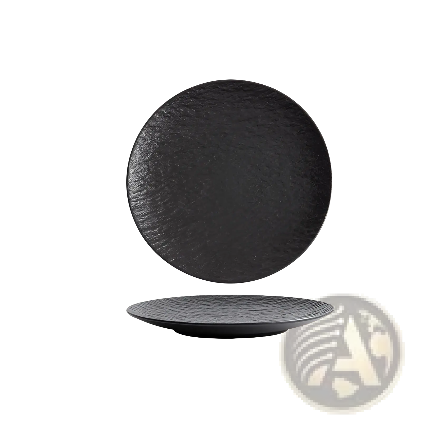 Black ceramic round plate with textured stone-like surface and slightly raised rim in nordic rock pattern design