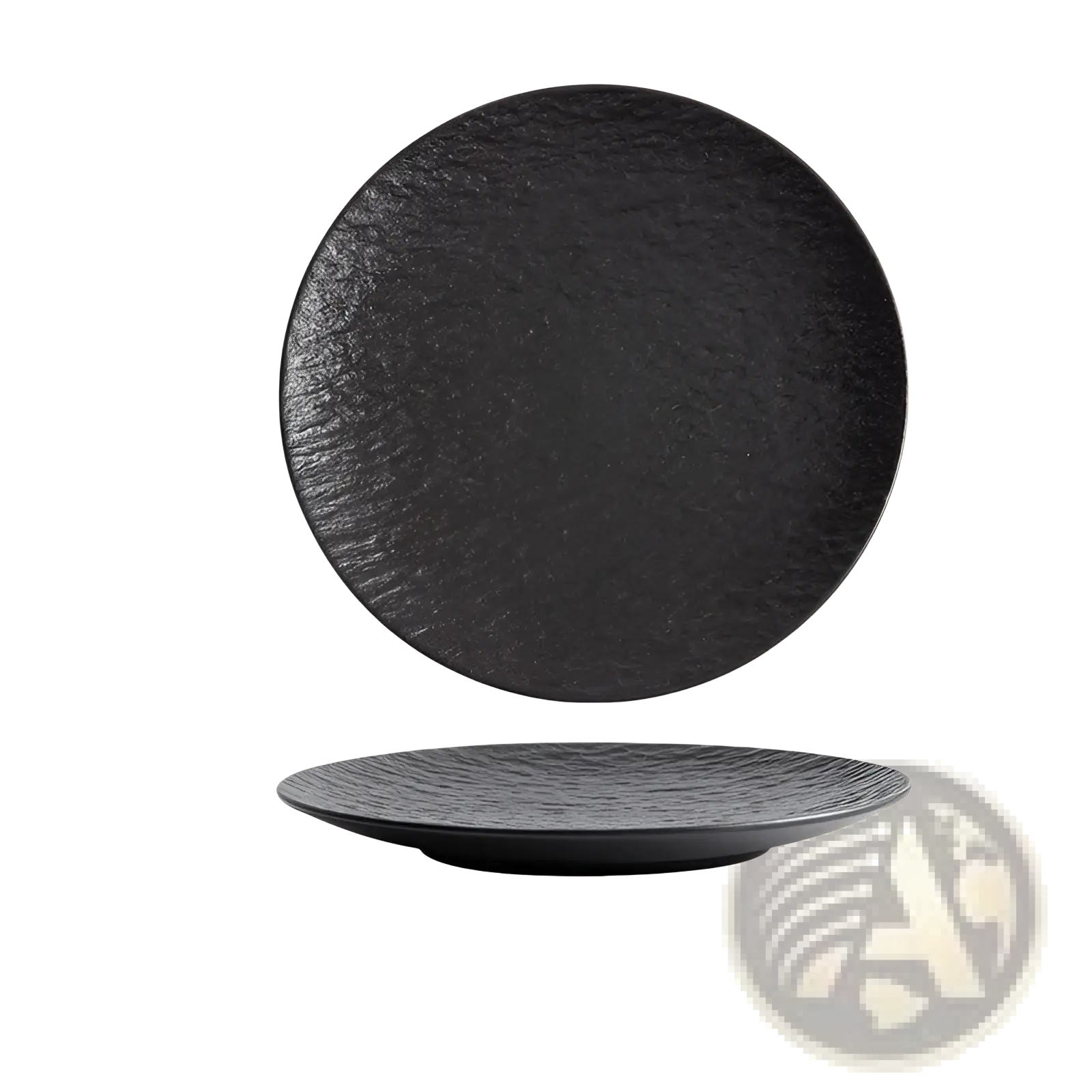 Black ceramic round plate with textured stone-like surface and slightly raised rim in Nordic rock pattern design