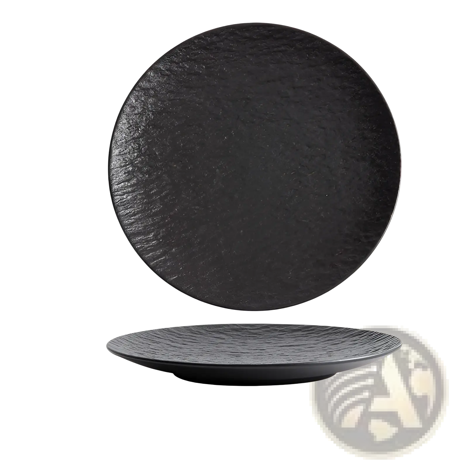 Black textured ceramic round plate with stone-like surface and subtle concentric ridges nordic rock pattern design