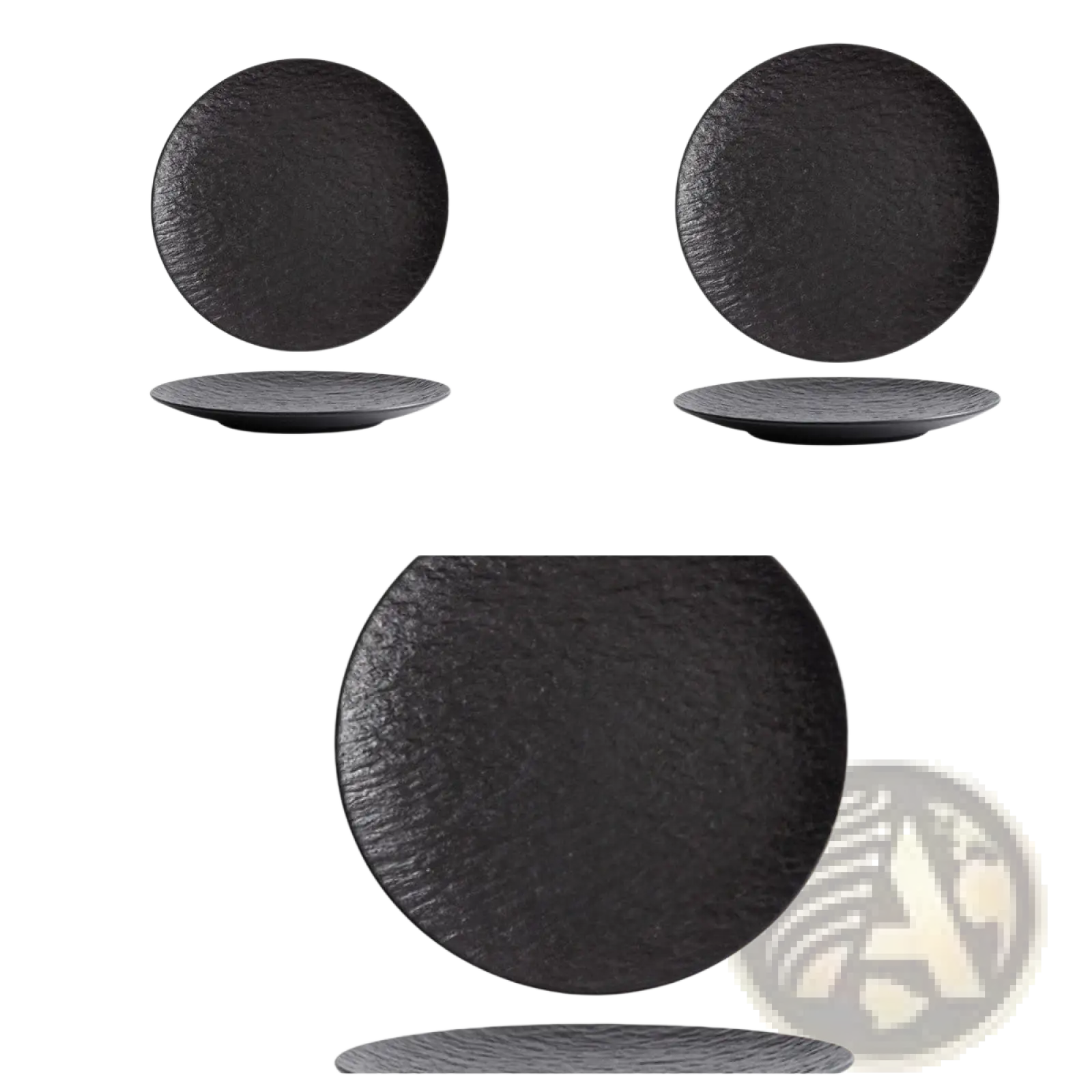 Black textured ceramic round plate with a rustic stone-like nordic rock pattern finish