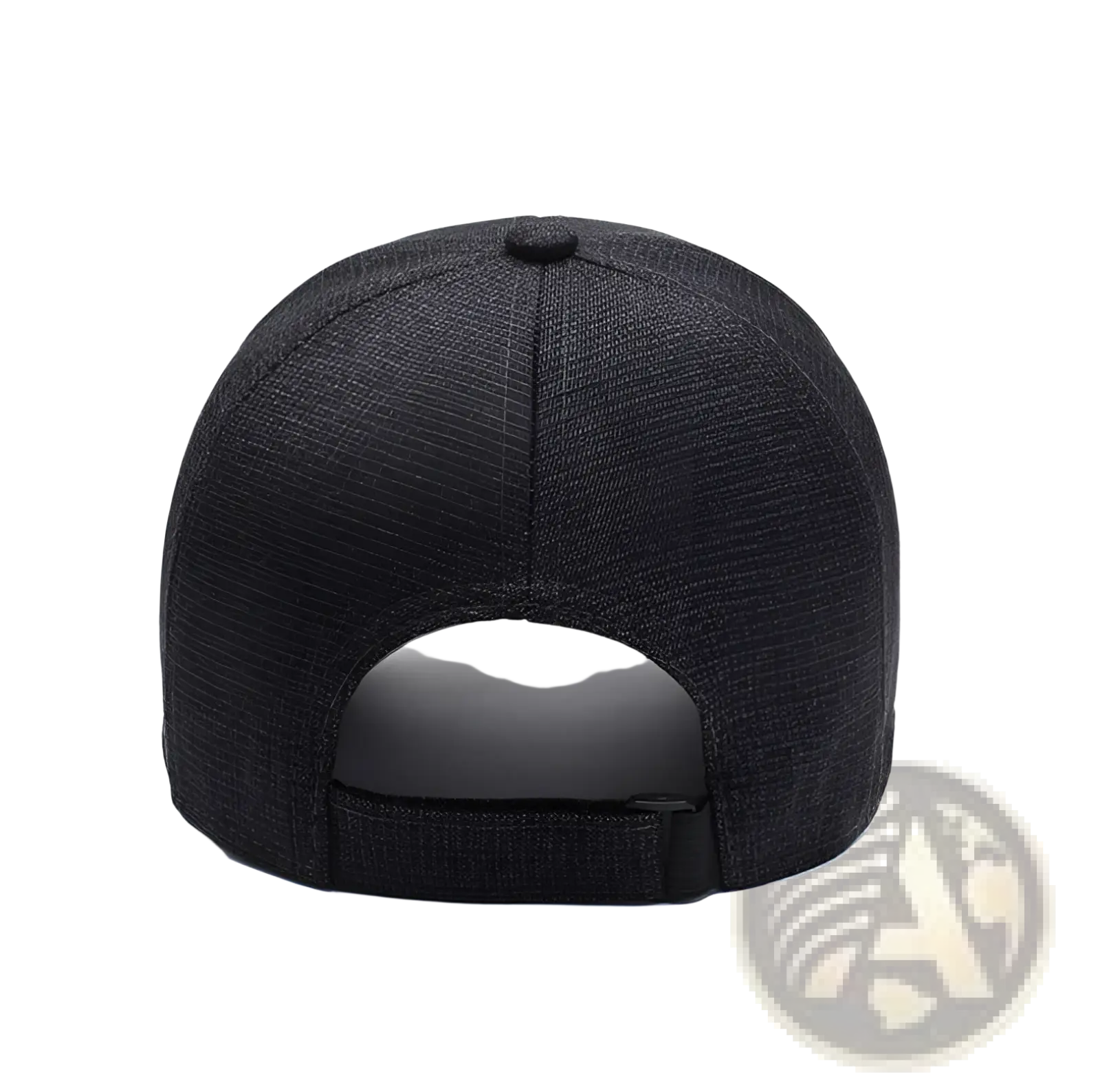Black textured cotton baseball cap with leather patch and adjustable strap shown from the back side