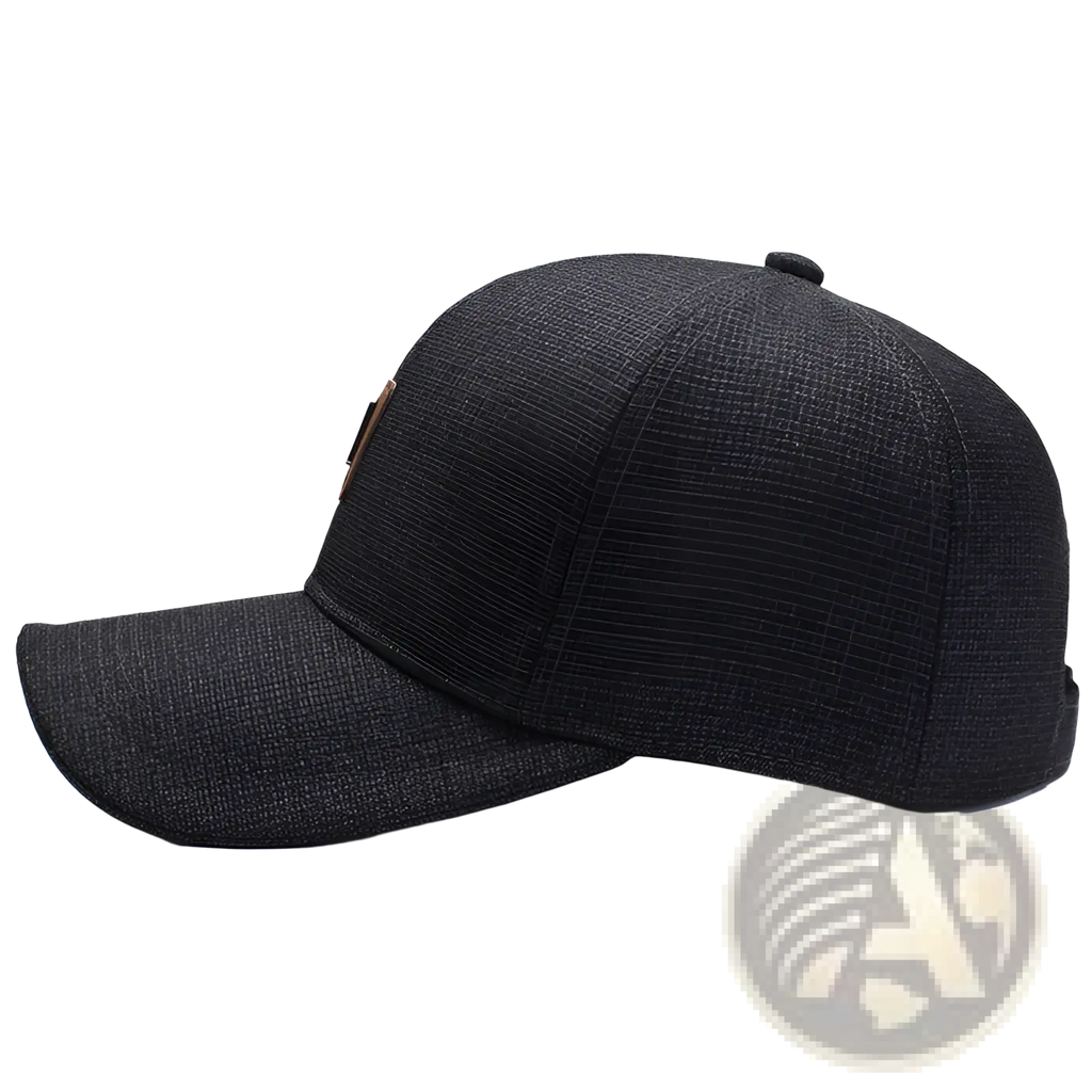 Black textured cotton baseball cap with a small brown leather patch on the side